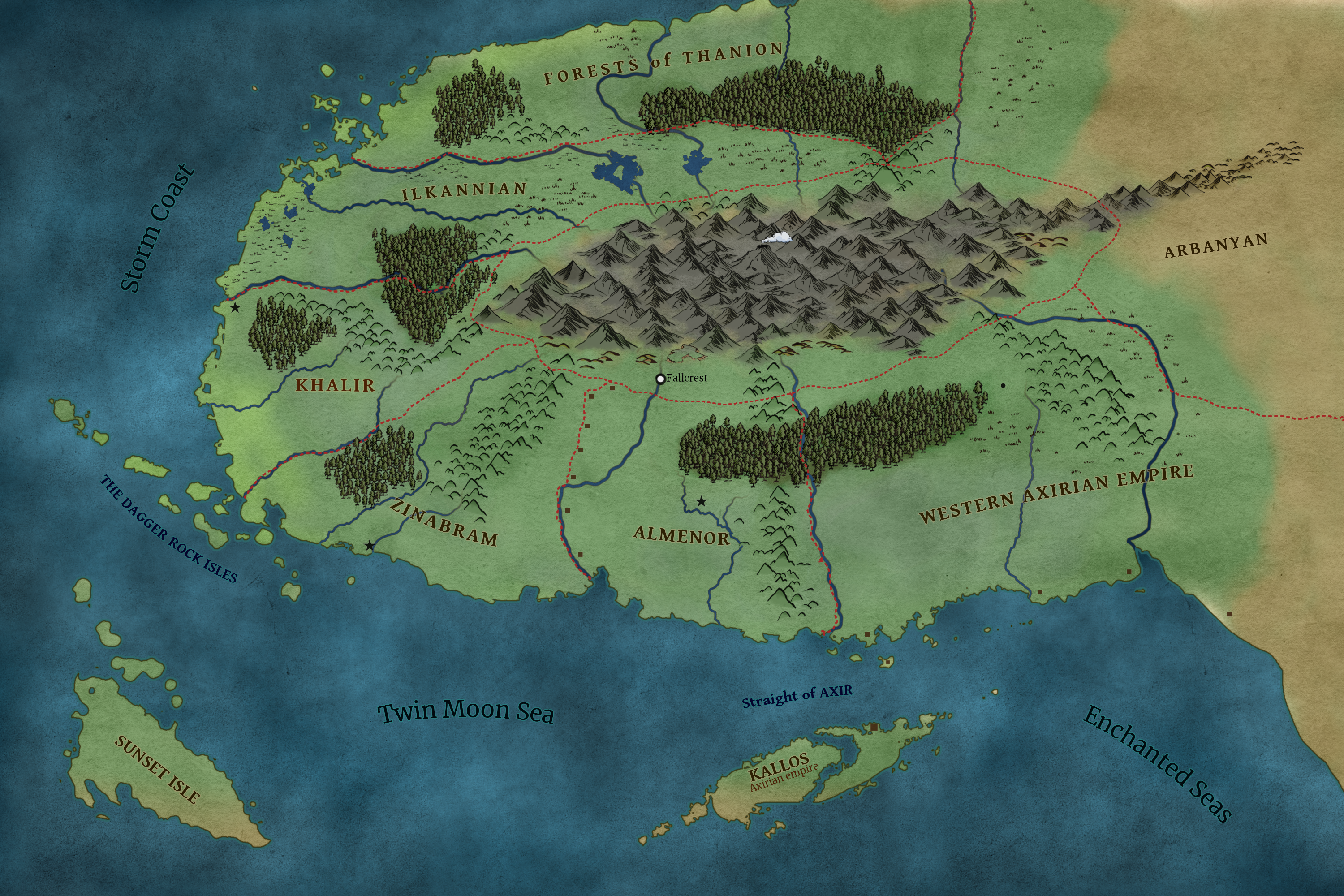 Map of the Axirian peninsula showing Almenor, Sunfall, Fallcrest, and neighbouring regions