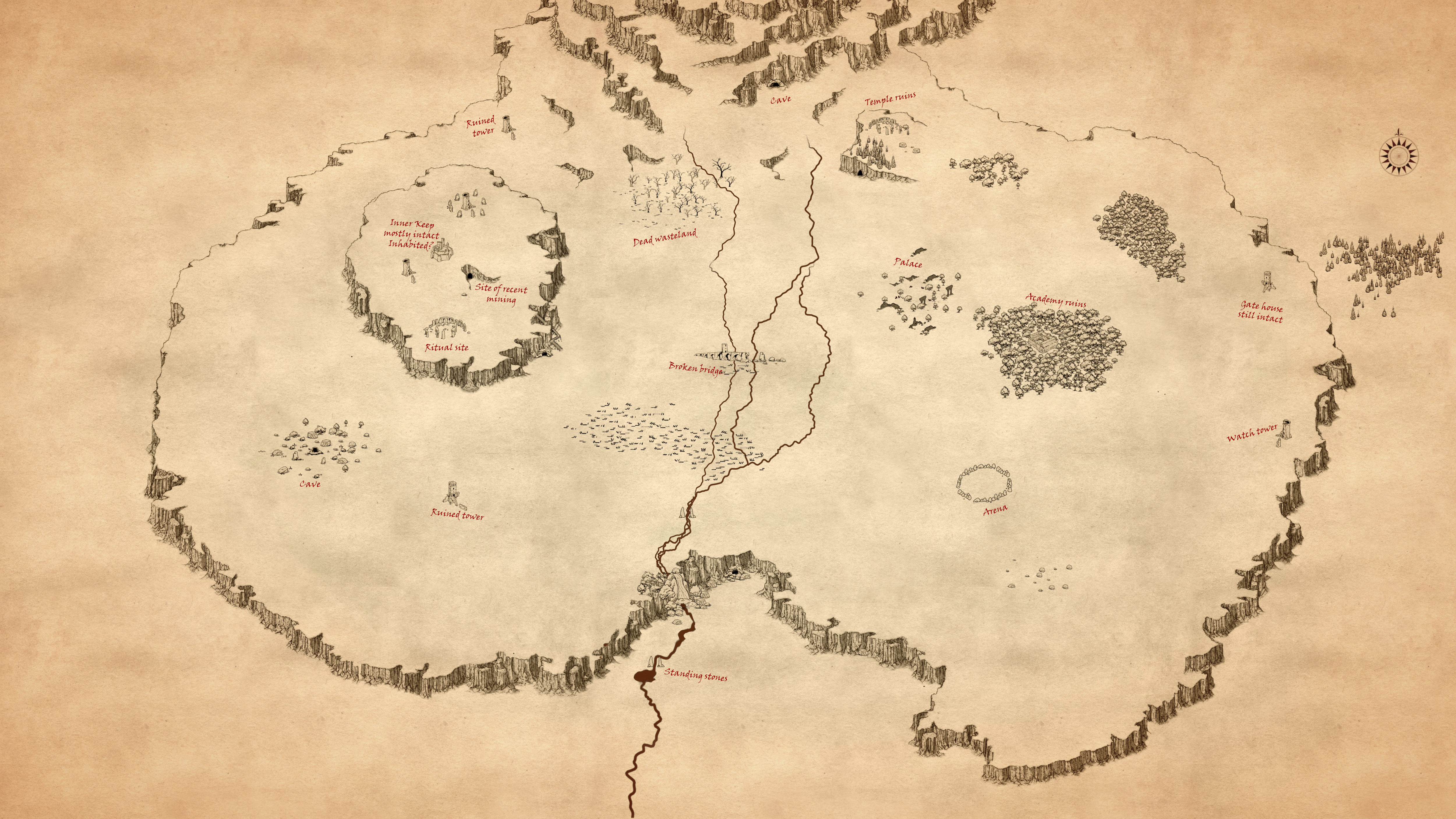 Overview map of the Ethium Plateau showing landmark ruins and the ruined tower