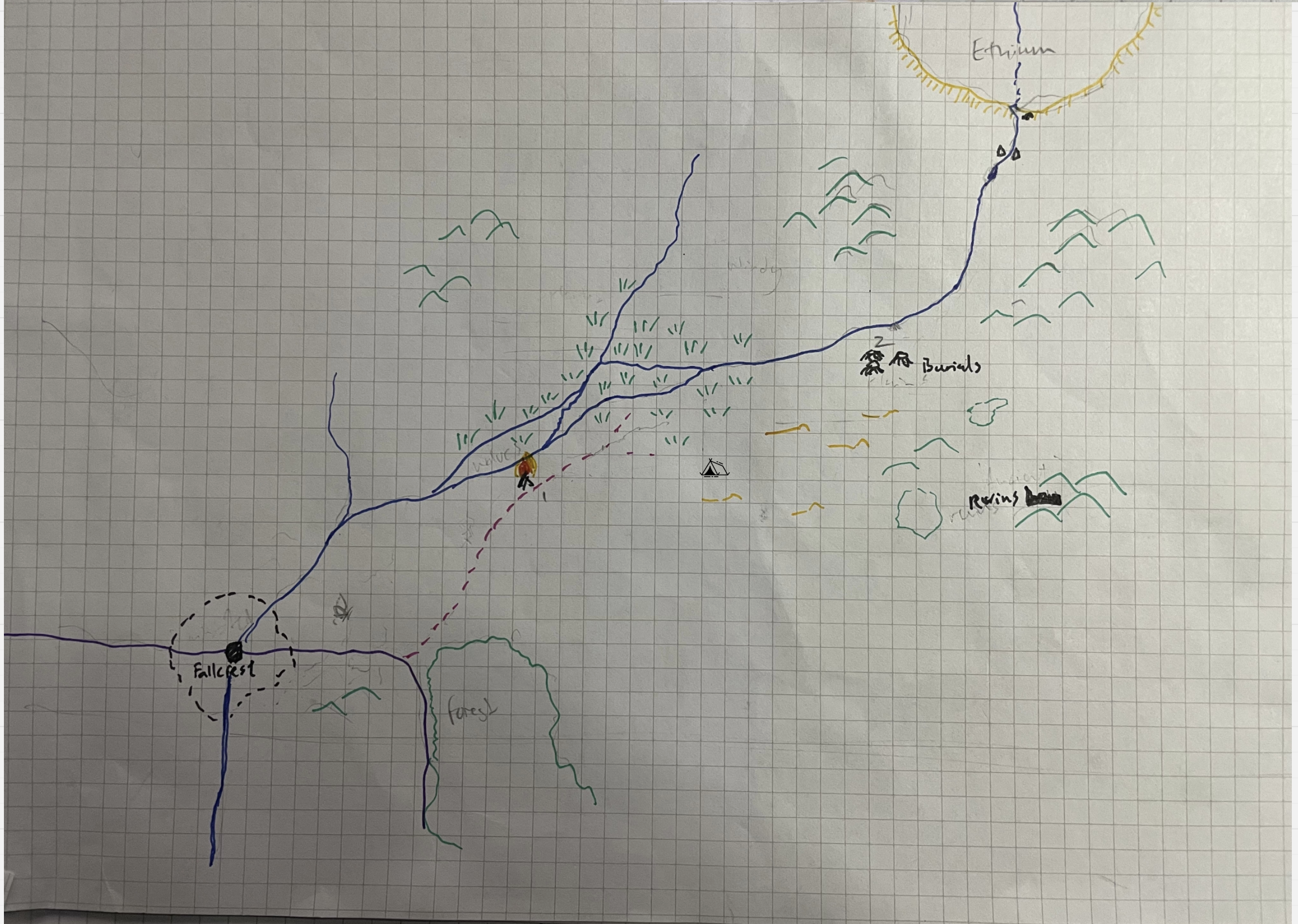 Overland travel map showing the trail from Fallcrest to the Ethium Plateau