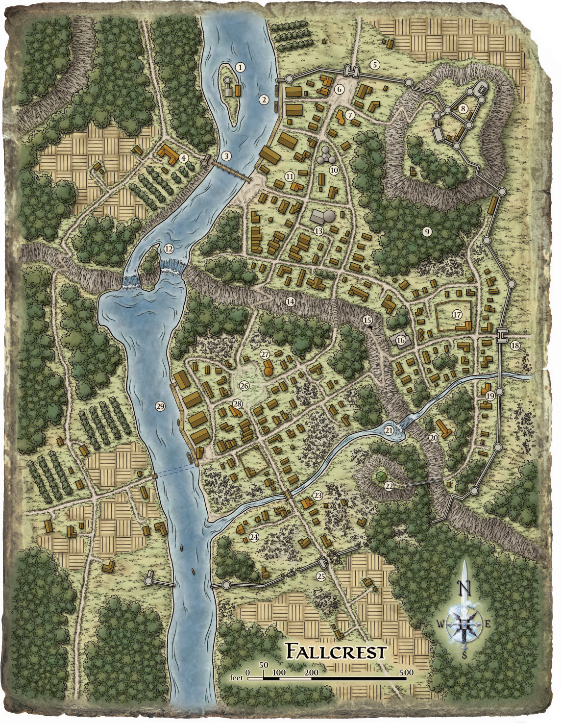 Map of Fallcrest town showing Hightown, Lowtown, Knight’s Gate, and the Nentir River