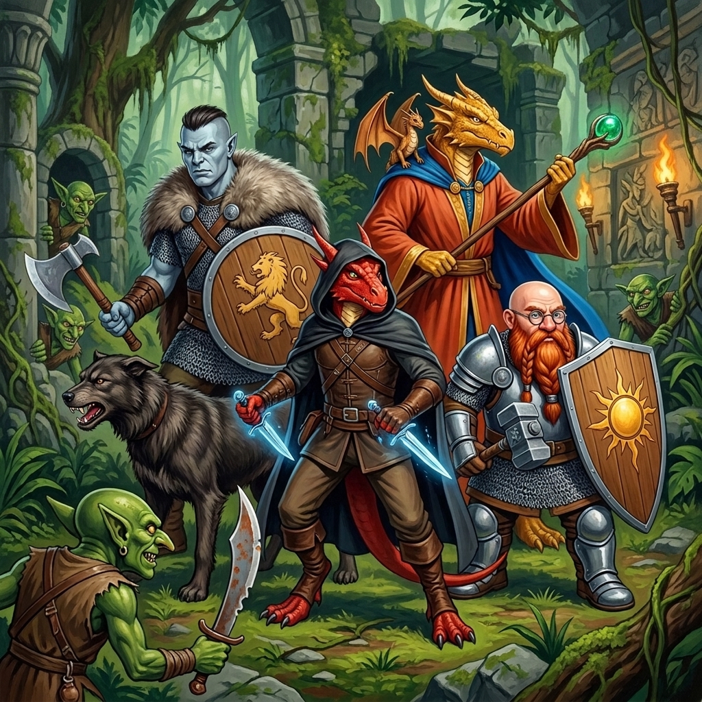 Thorn, Derek, Dave, Nibbles and Loki fight goblins among the ruins of Ethium