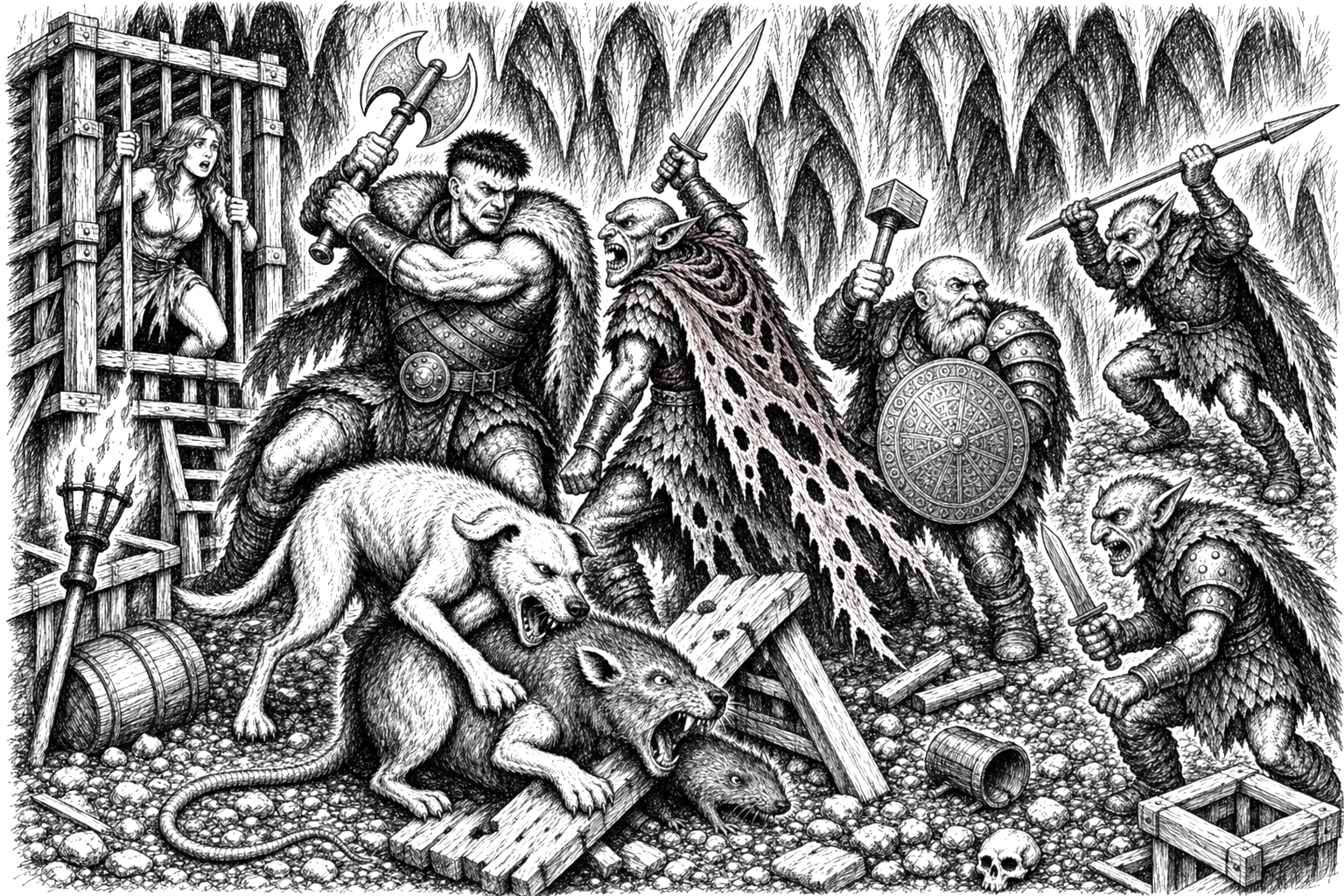 Thorn battles the goblin boss in his red curtain cloak while Derek fights goblin warriors, Mara watches from a wooden cage, and Loki pins the giant rat Ratbag in the great cavern