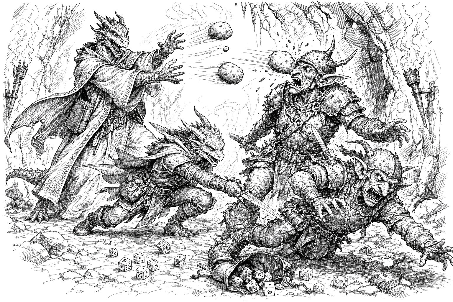 Dave hurls potatoes while Nibbles lunges at goblin warriors who tripped over their spilled dice bag in a torchlit cave passage