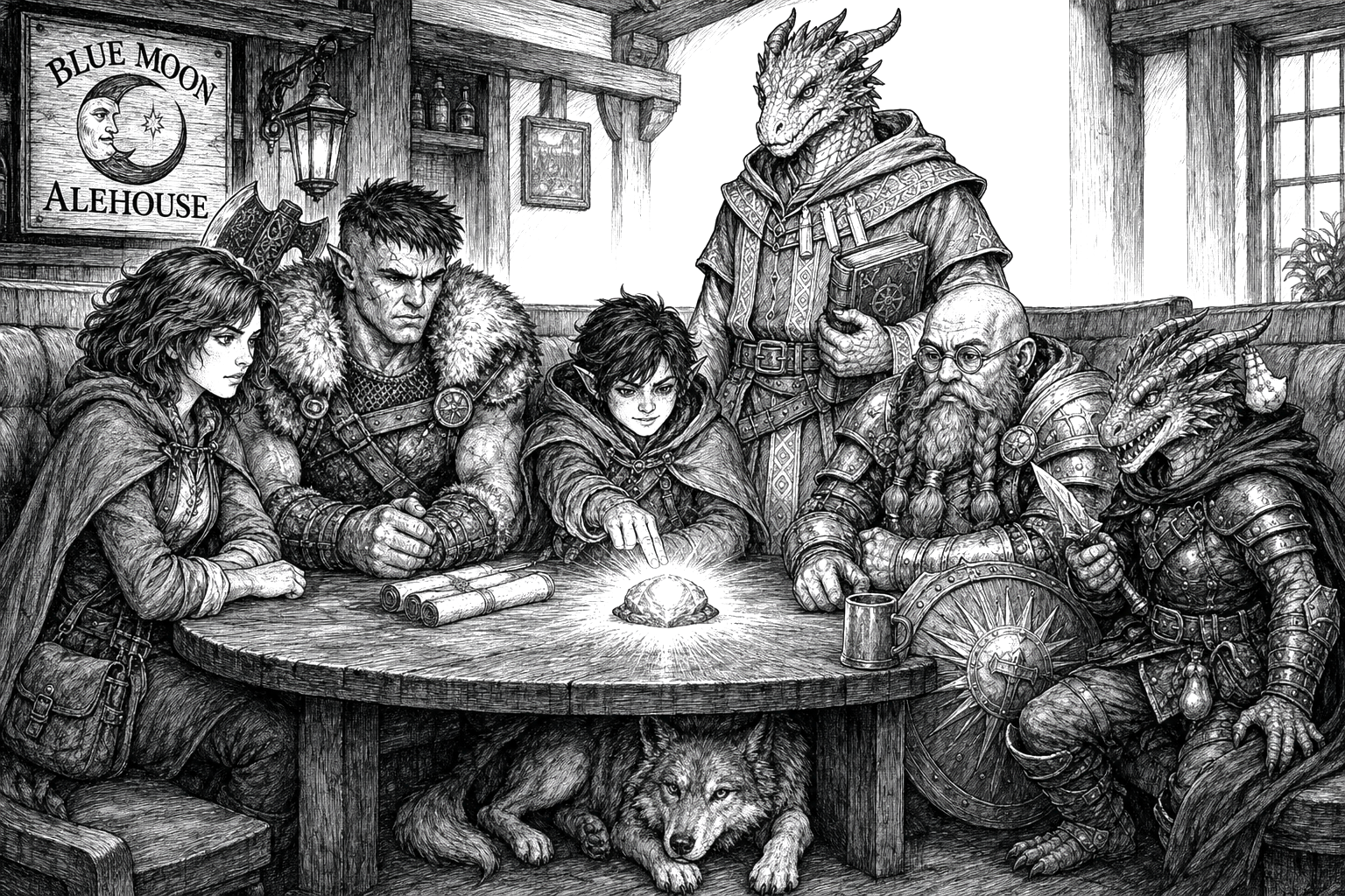 Tobbs and the companions lean over a booth table as an awakened Ethium Stone glows on the table, illuminating their faces in the crowded Blue Moon Alehouse