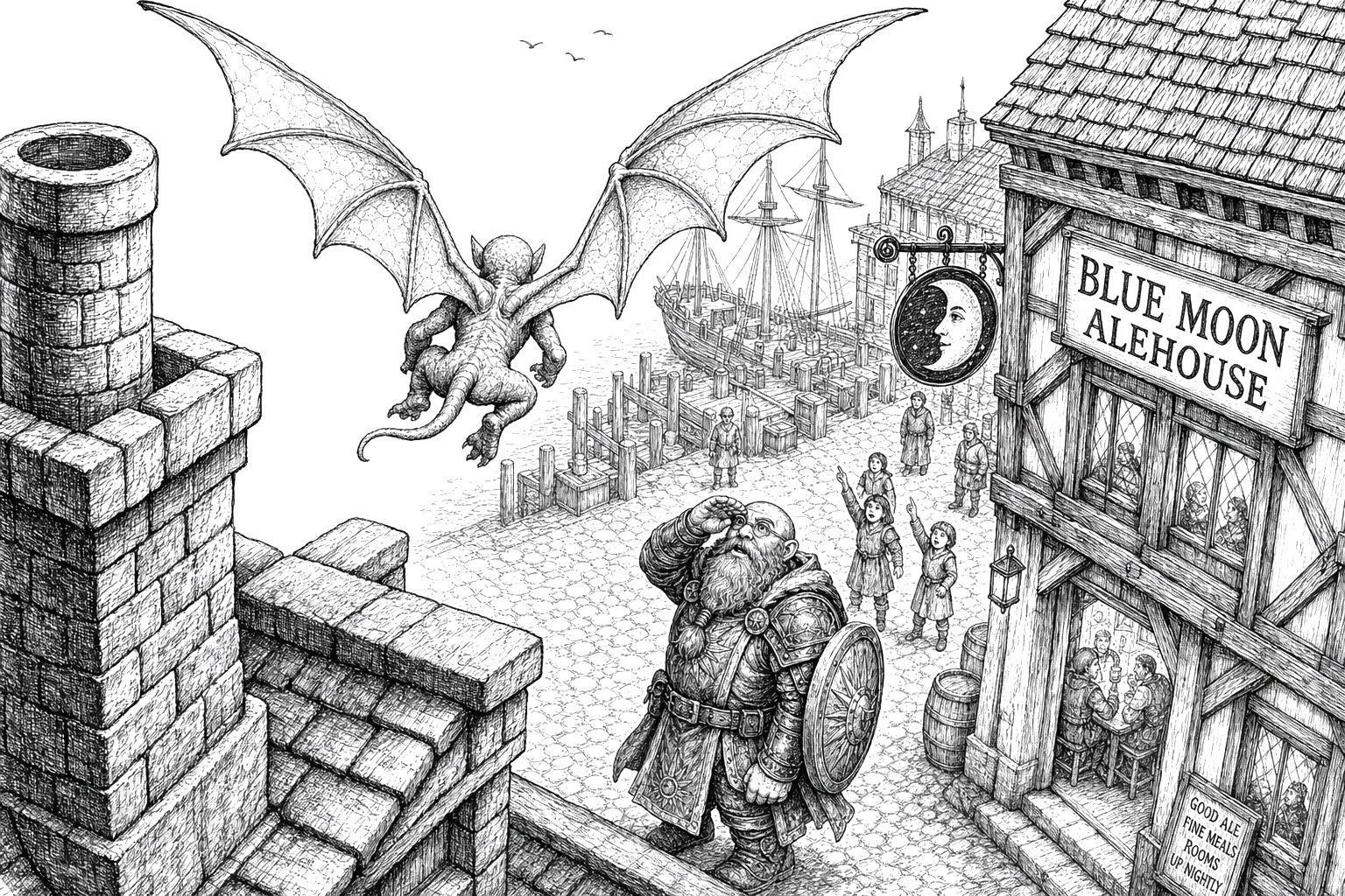 Derek shades his eyes as a tiny stone-winged homunculus launches from the Blue Moon Alehouse rooftop and glides away over Fallcrest's dockside square