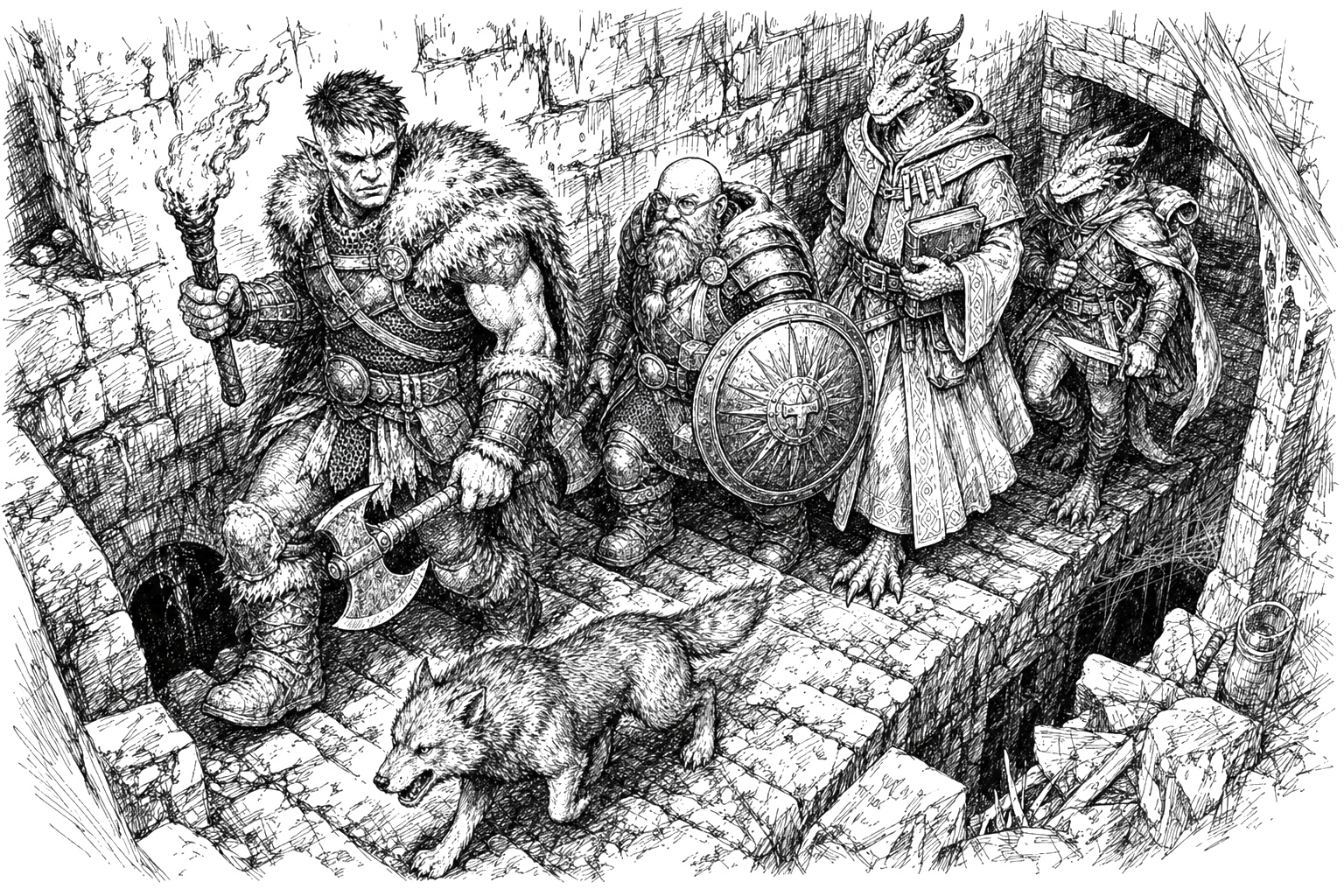 Thorn carries a torch as the party descends the broken stone stairwell into the cold cellars beneath the ruined manor