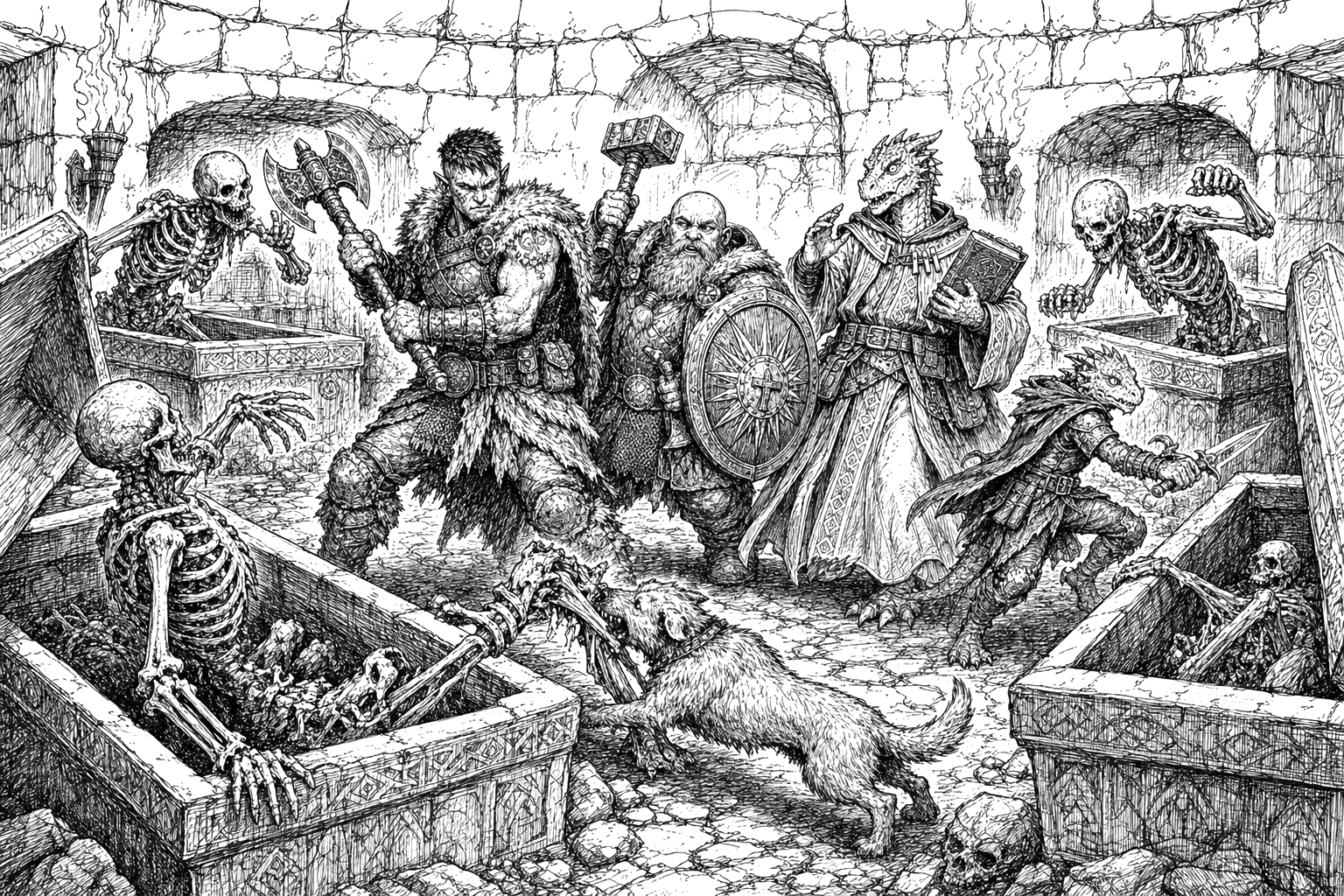 Skeletons sit up and erupt from stone sarcophagi in the family tomb as Thorn, Derek, Dave, Nibbles and Loki fight in the low cellar chamber