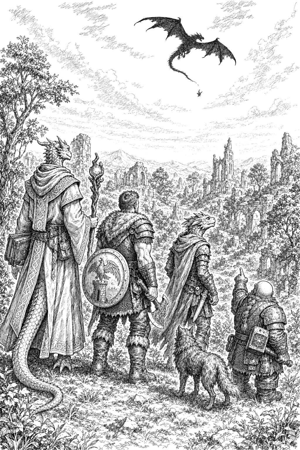 The five companions stand together among the ruins of the Ethium plateau, looking up in serious concern at a distant black dragon banking across the evening sky as the torso of a goblin tumbles down from its jaws