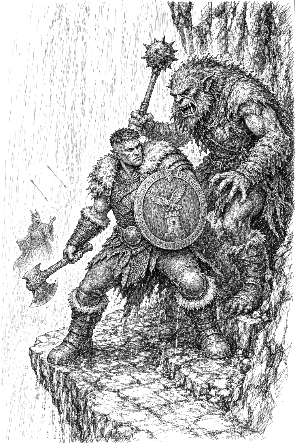 Thorn fights a bugbear with his axe on a wet stone ledge behind a thundering waterfall while Dave, below him, casts a sleep spell up at unseen goblins as arrows whizz past through the spray