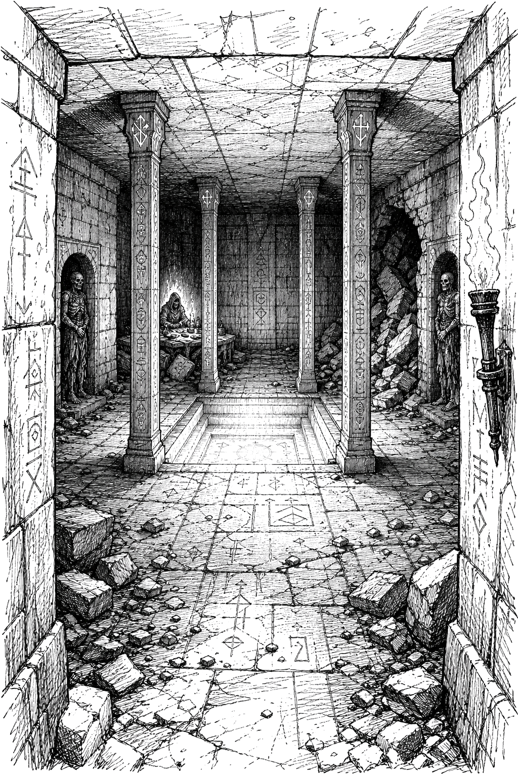 Torchlit view from the chamber doorway: four tall pillars frame a sunken pool at the centre, an undead wizard sits at a makeshift table in the back-left corner, zombie guards wait in wall alcoves, Ethium runes catch the light, and the corridor to the right lies collapsed under rubble