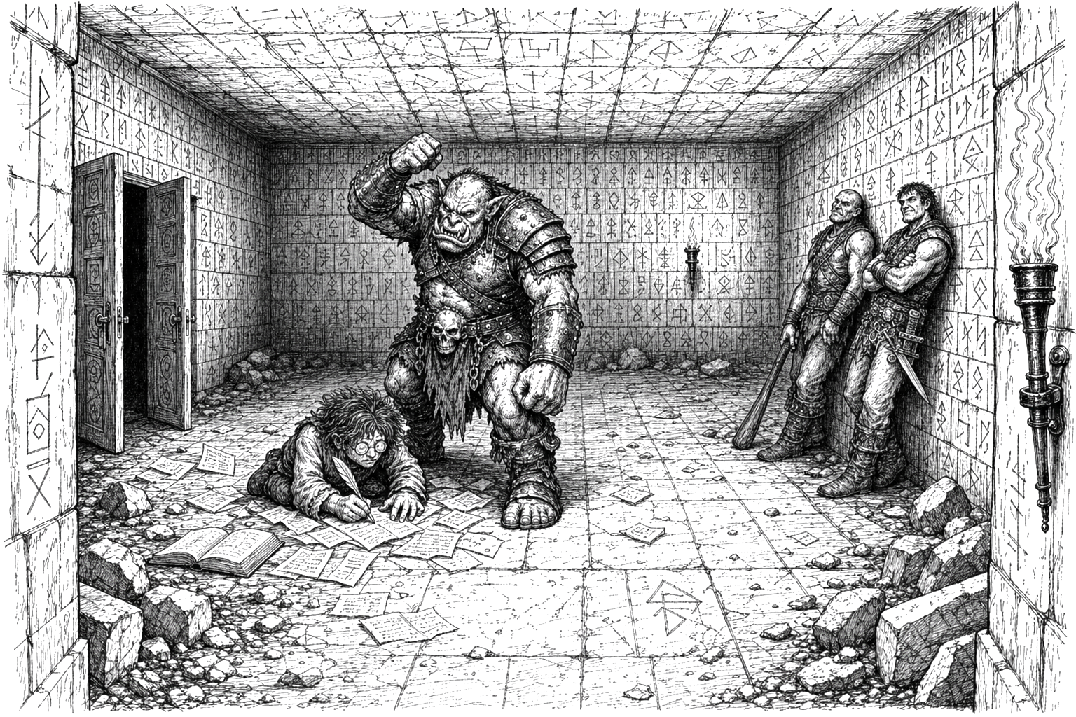 View from the chamber doorway: a broad, square, rune-carved room with double doors ajar to the left, a large brutish orc towering with a raised fist over the wild-red-haired gnome, who crouches scribbling notes among scattered papers and tinkering instruments, while two Hammer thugs in leather armour lounge against the wall