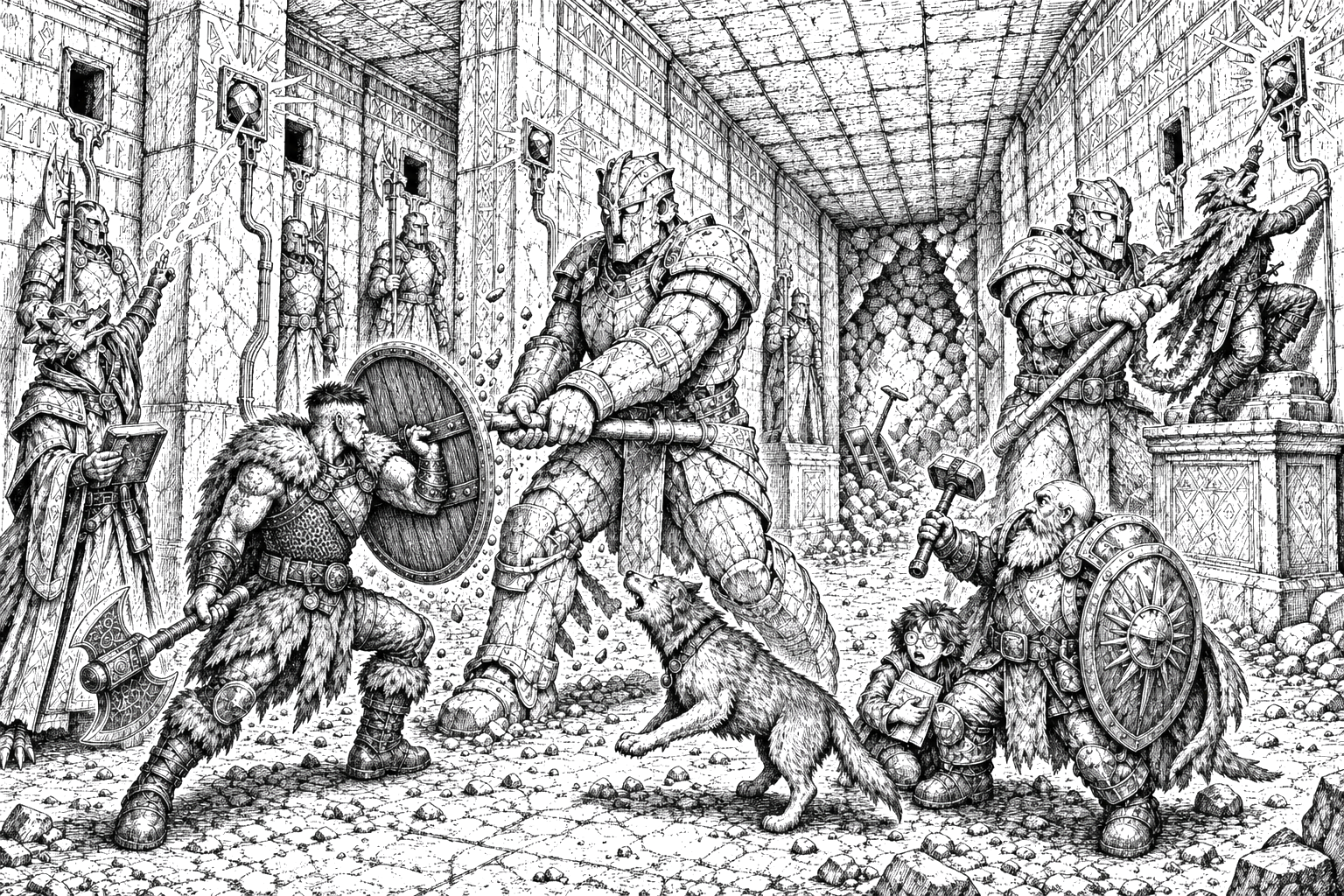 Thorn braces behind his shield against an animated stone guardian while Nibbles climbs towards an Ethium Stone and the rest of the party fights among the statues