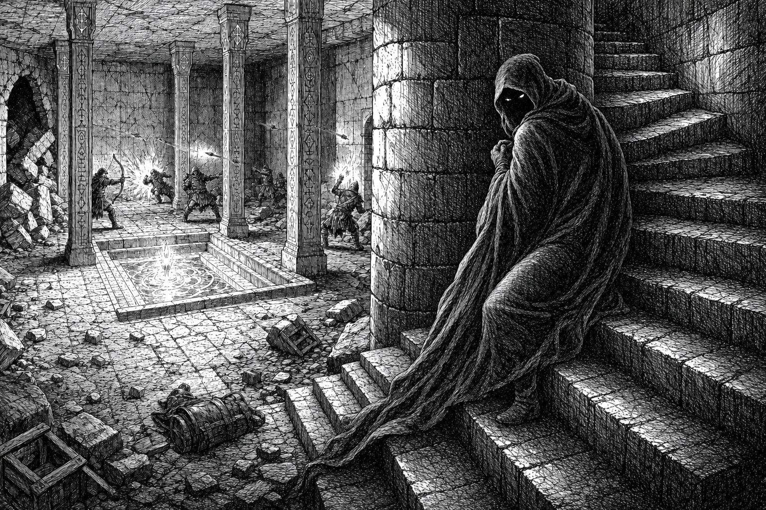 The mysterious cloaked watcher hides beside the spiral stair and studies the glowing Ethium pool while Hammer thugs fight in the distant chamber