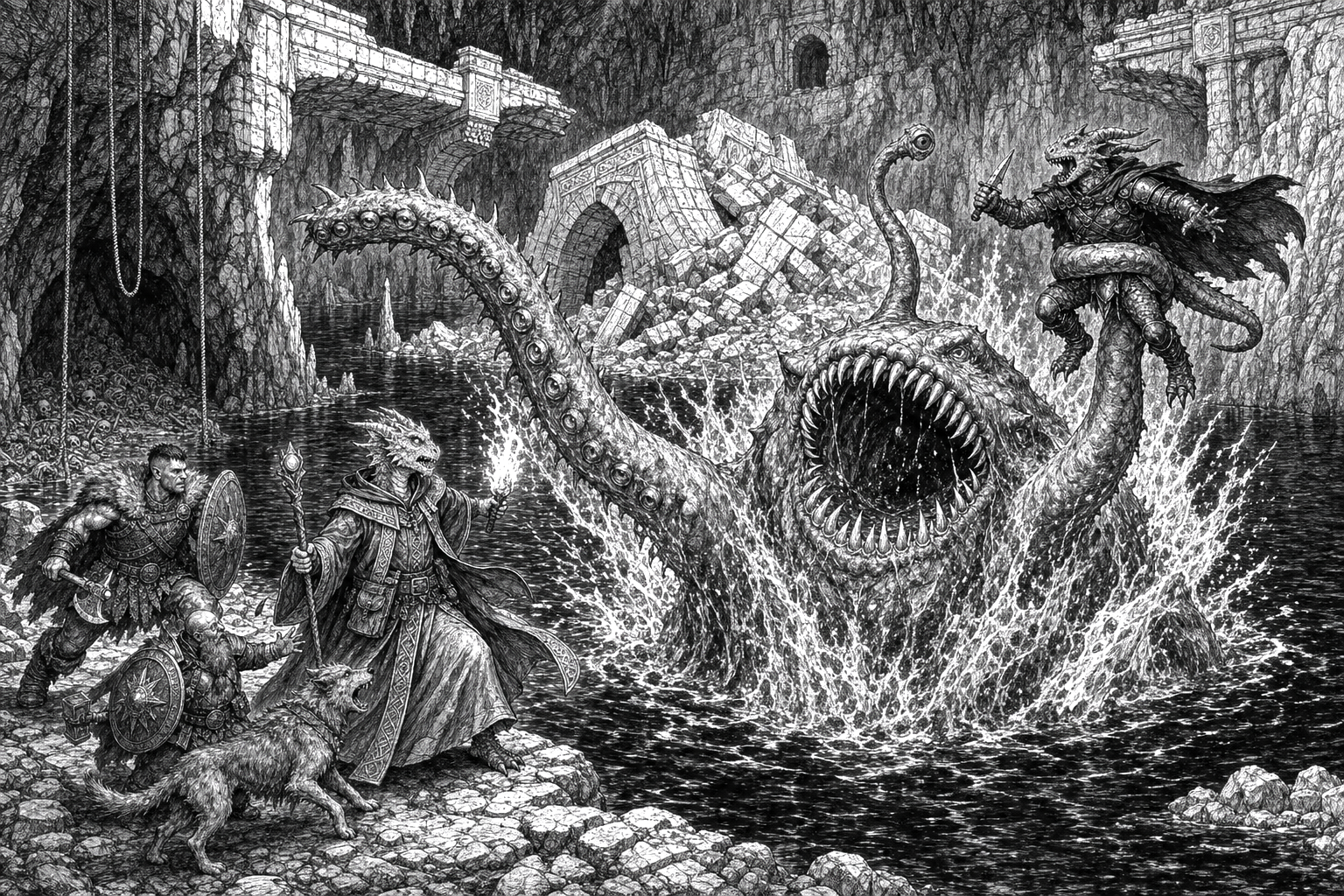 An Otyugh erupts from the black cavern lake and seizes Nibbles around the waist as Thorn, Derek, Dave and Loki rush to help beneath the collapsed Ethium bridge