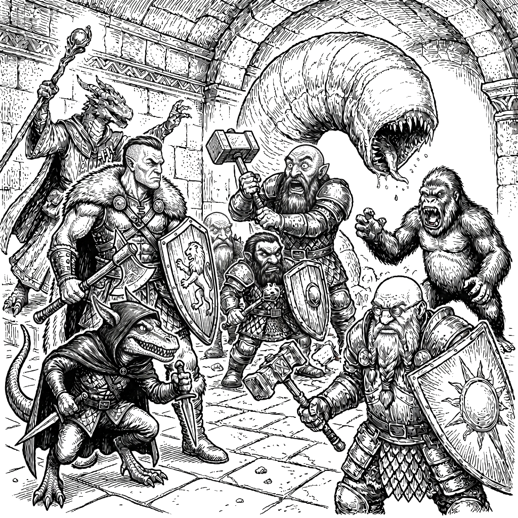 The colossal blind Grey Burrower erupts through the Assembly Hall floor and swallows an enlarged Quaggoth as the party and Duergar scatter through the shattered hall