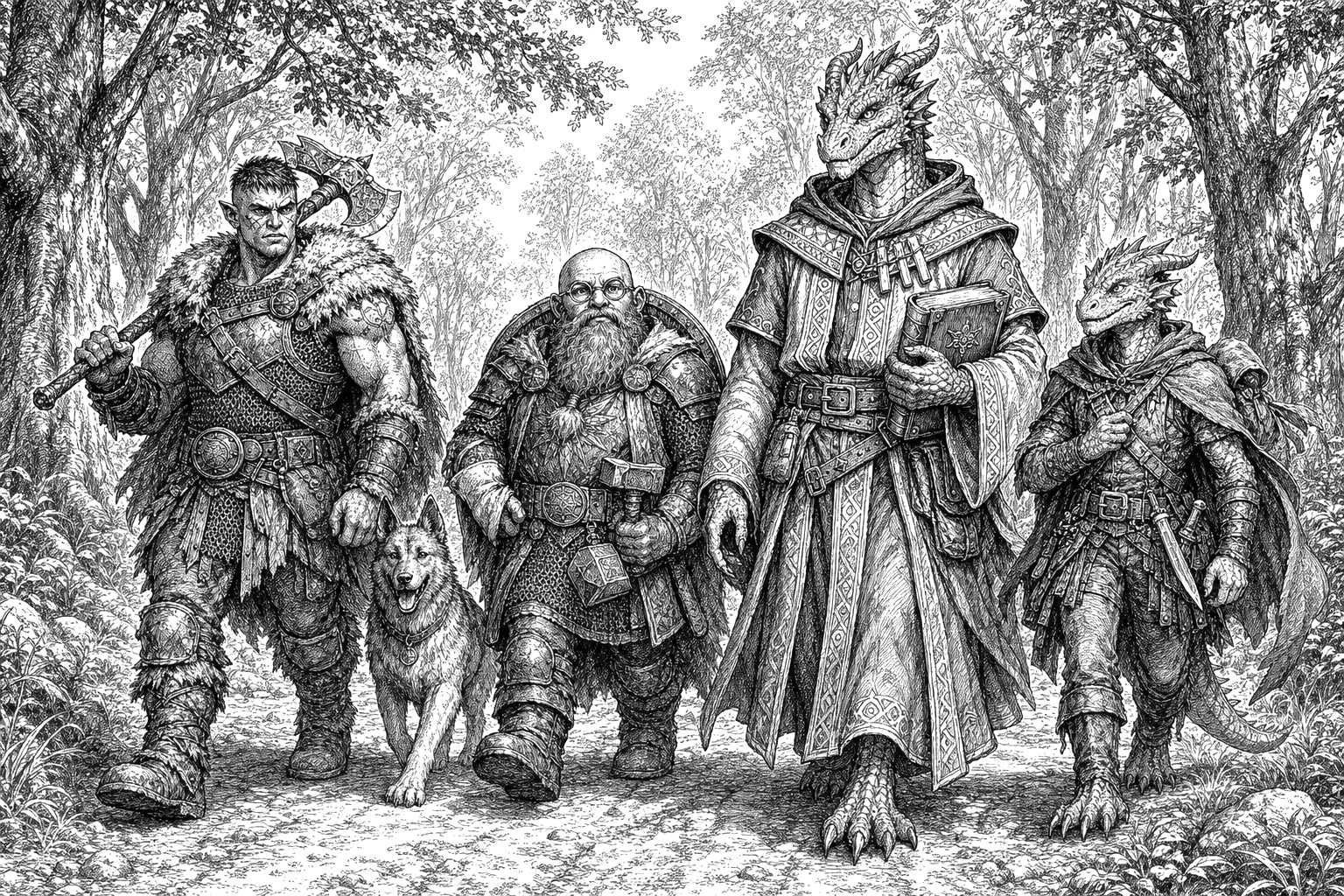 Thorn, Derek, Dave, Nibbles and Loki walk towards the reader along the North Road through the forests of Almenor